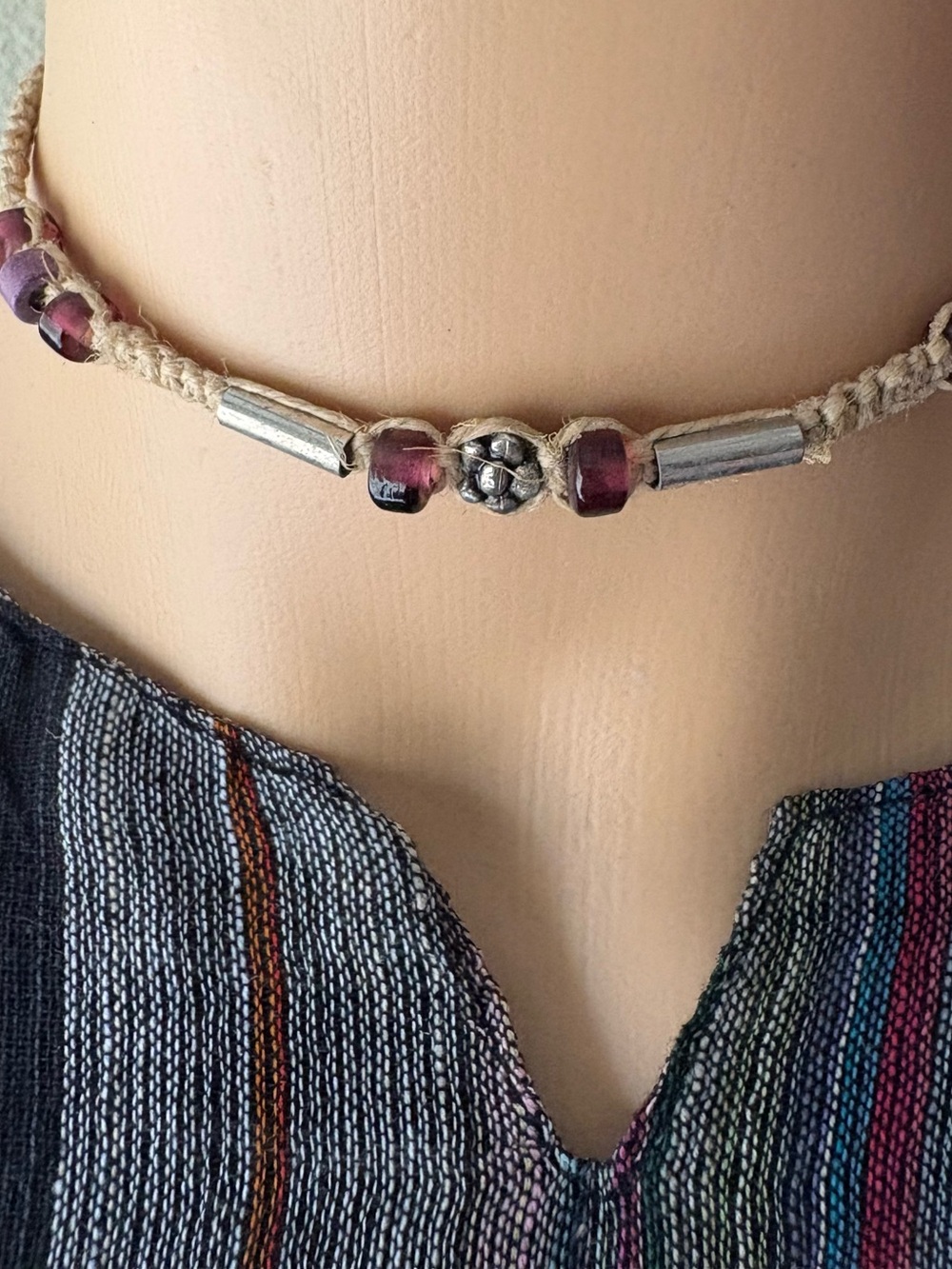 Handmade Beige Cord Choker Necklace with Purple Accent Beads. Hemp